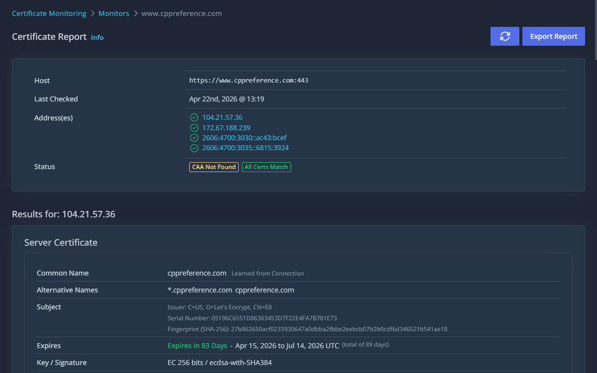 Add Certificate Monitor form with protocol and contact selection