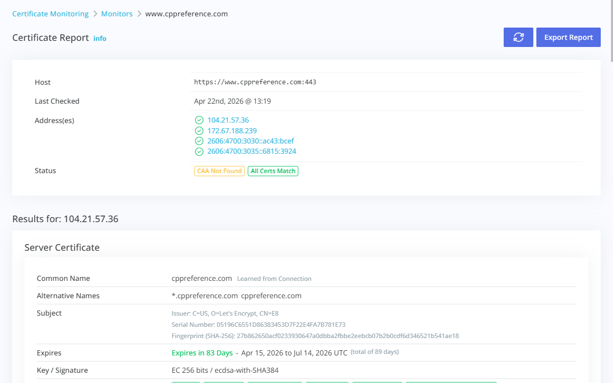 Add Certificate Monitor form with protocol and contact selection