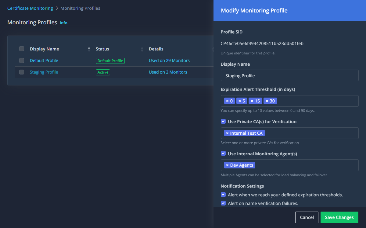 Monitoring profile configuration with alert thresholds and private CAs