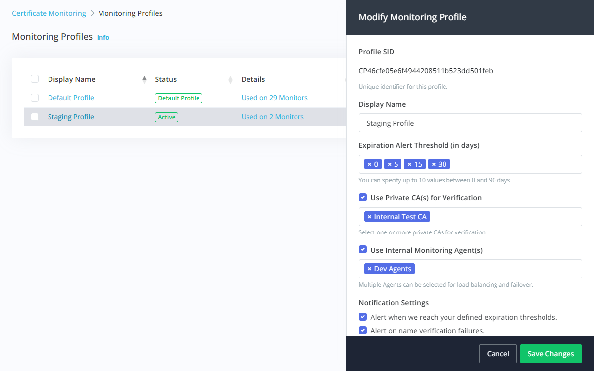 Monitoring profile configuration with alert thresholds and private CAs