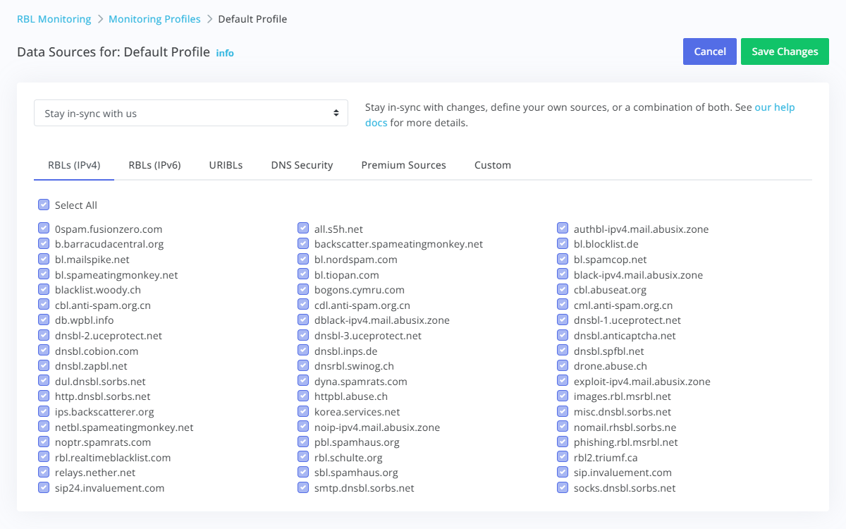 Blocklist source selection in a monitoring profile