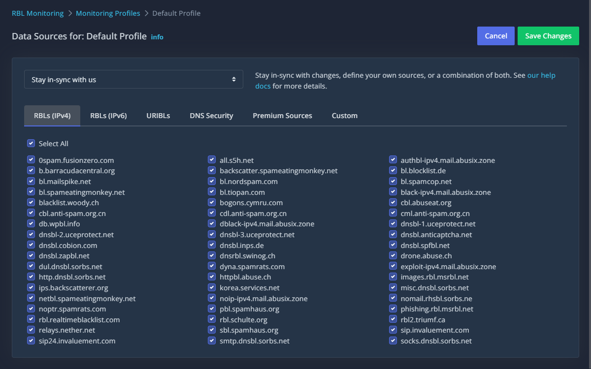 Blocklist source selection in a monitoring profile