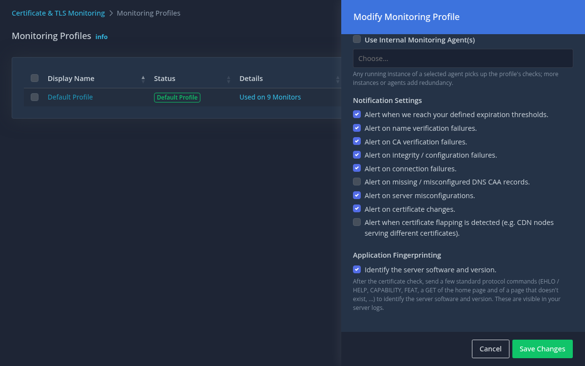 Monitoring profile with per-failure alert settings and application fingerprinting