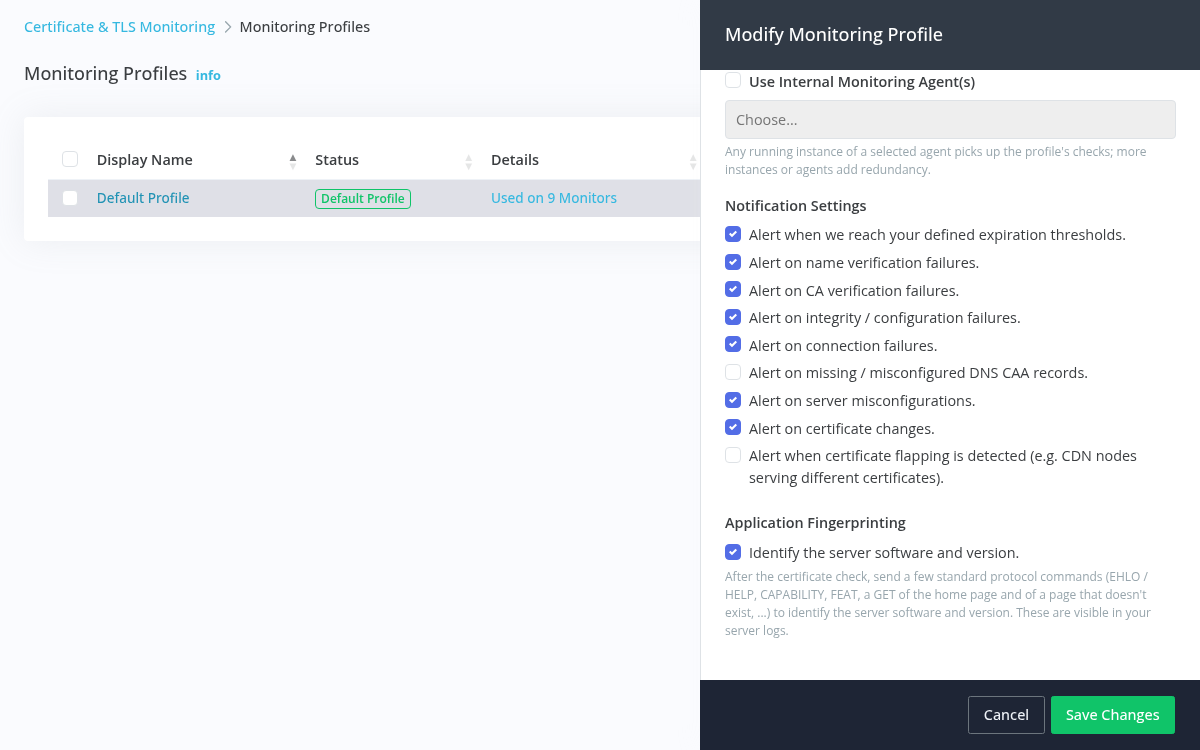 Monitoring profile with per-failure alert settings and application fingerprinting
